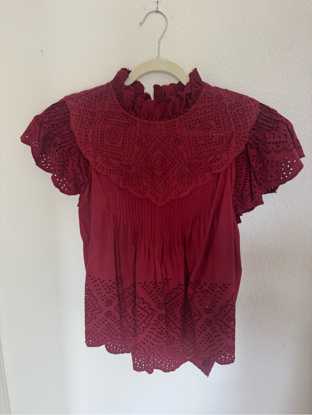 Sea New York Burgundy Eyelet Lace Flutter Sleeve Blouse